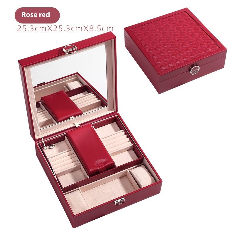 European PU leather with large capacity and lock buckle mirror jewelry necklace earring storage box makeup_voghion.com