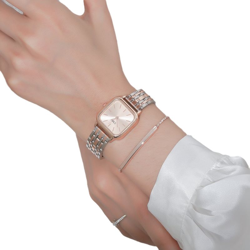 Ladies' new style, elegant, niche, simple and versatile steel band quartz small square watch + simple personality bracelet set_voghion.com