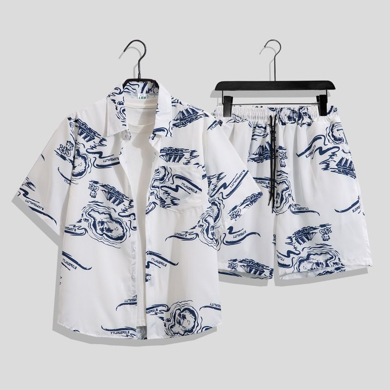 Herrenbekleidung Retro Kurzarmhemd mit Blumenmuster Herrenurlaub Paar Shorts Strandanzug_voghion.com