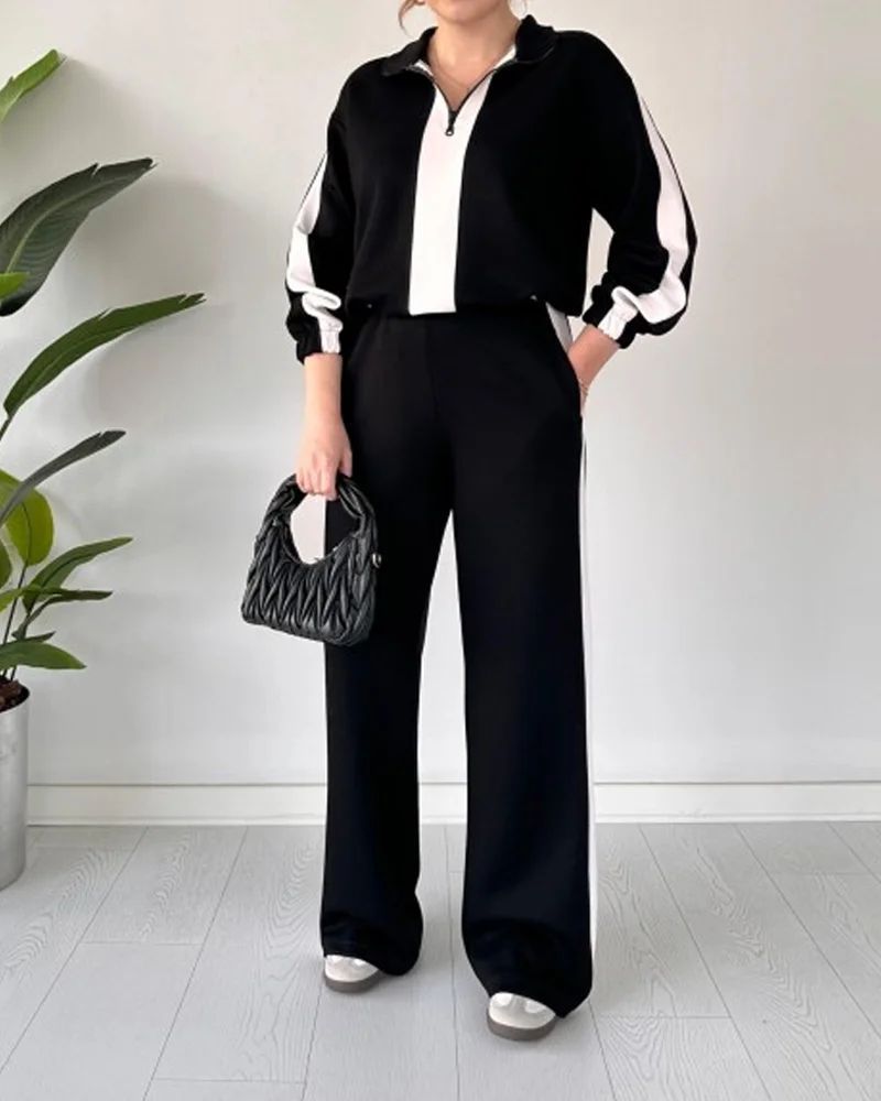 Abbigliamento da donna, moda casual, colore a blocchi, cerniera, bavero, manica lunga, top e pantaloni, set due pezzi_voghion.com