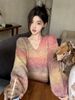 Maglione lavorato a maglia a maniche lunghe con colori sfumati per donna, nuovo stile autunno inverno 2023, pullover largo con scollo a V in stile pigro_voghion.com