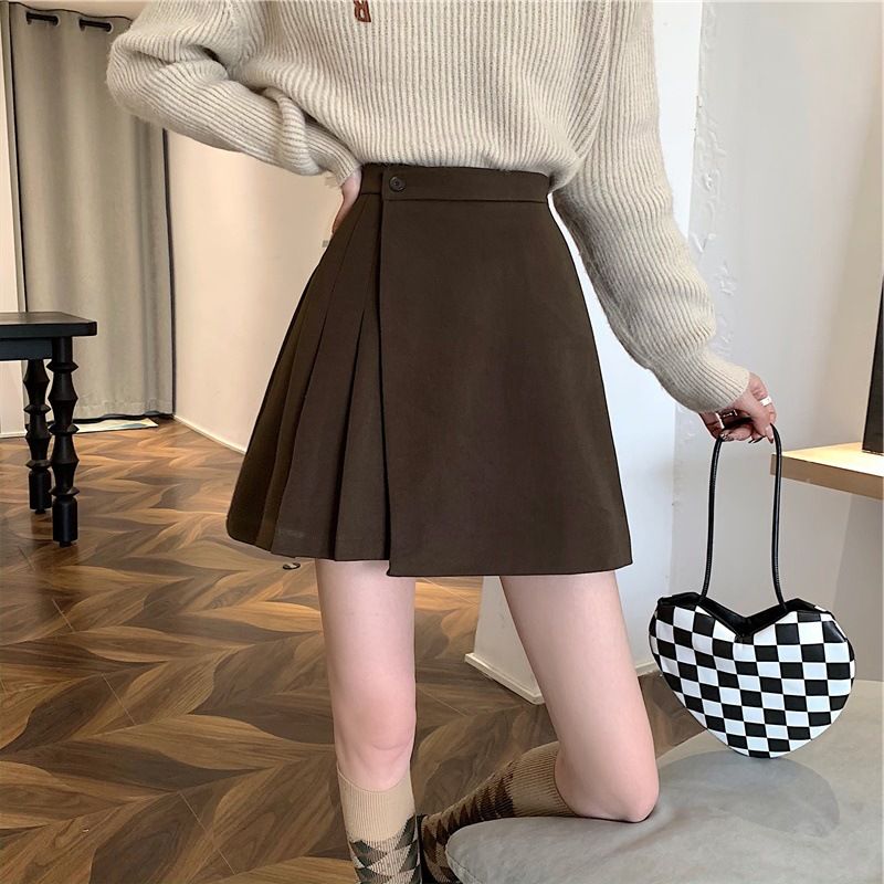 Zimní svetr, midi dámská vlněná skládaná krátká sukně Maillard, podzimní a zimní, postava hruška, plus size, mm_voghion.com