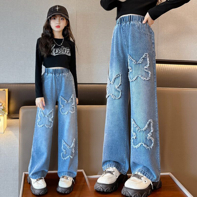 Girls Butterfly Embroidered Denim Wide-leg Pants Fashion Pants_voghion.com