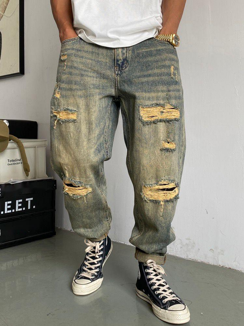 American Casual Ruffian Handome Ditreeed Patch Jeans, Herren Straight Fit Locker Trendy High Street Beggar Tapered_voghion.com