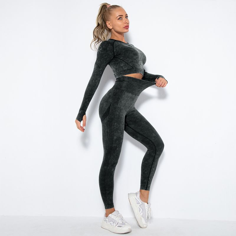 New Seamless Washed Matte Sports Fitness Long Sleeve Top Butt-Lifting Yoga Pants Two-Piece Set_voghion.com