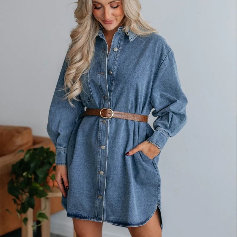 Abito in denim a maniche lunghe con bottoni, stile casual, alla moda, da donna_voghion.com