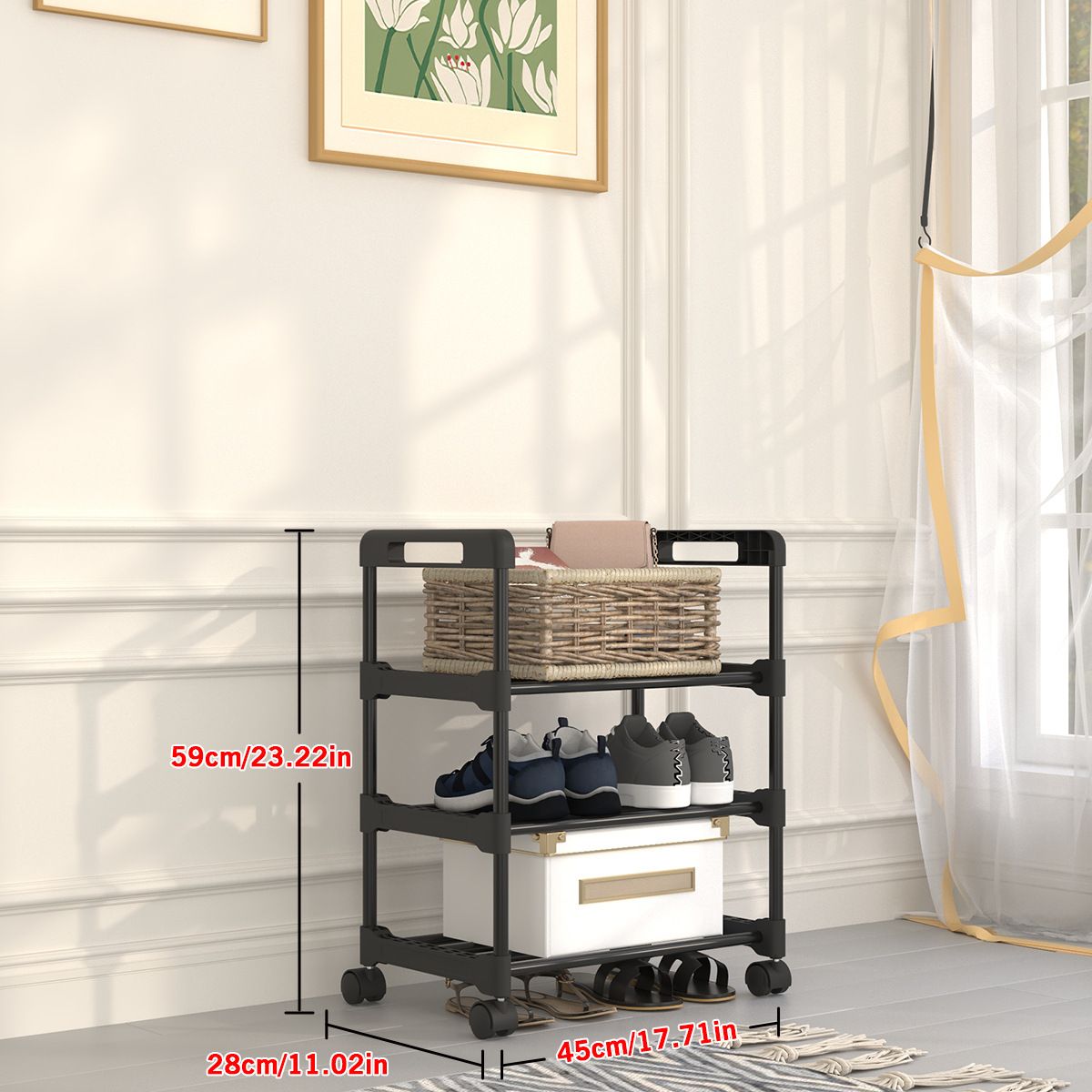 Verstellbares Schuhregal aus Metall mit Rollen – 3/4/5/6-stufige platzsparende Aufbewahrung mit 360°-Rollen (60 cm/45 cm, Mattschwarz)_voghion.com