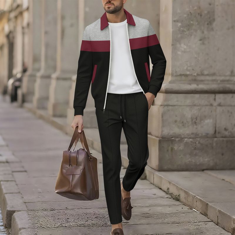 Completo da uomo con giacca e pantaloni in maglia a nido d'ape con cerniera - Elegante completo color block autunnale (traspirante, antirughe, design multitasche per abbigliamento casual e urbano)_voghion.com