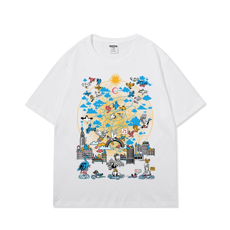 2023 Summer American Fashion Brand Design Print T-shirt oversize a maniche corte con spalle scoperte Costume da coppia sciolto per uomo_voghion.com