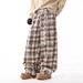 Pantaloni invernali unisex retrò a quadri pied de poule in lana – vita alta, gamba larga, foderati in pile di poliestere (blu/kaki, S-XXL)_voghion.com