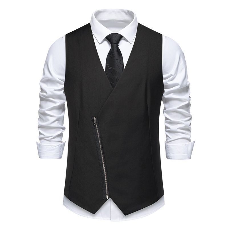 Gilet de costume décontracté pour homme, coupe ajustée, avec patte de boutonnage inclinée et fermeture éclair, idéal pour une fête de mariage_voghion.com
