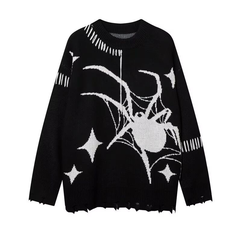 Herrenbekleidung Retro-Spinnenmuster Persönlichkeitsdesign zerrissener Pullover Pullover lockerer langärmeliger Strickpullover_voghion.com