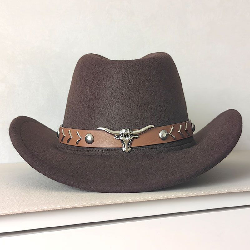 Western-Cowboyhut für Männer und Frauen mit Stierkopf-Accessoire, Fedora mit gerollter Krempe, Sonnenschirm und Sonnenschutzhut im tibetischen Stil_voghion.com