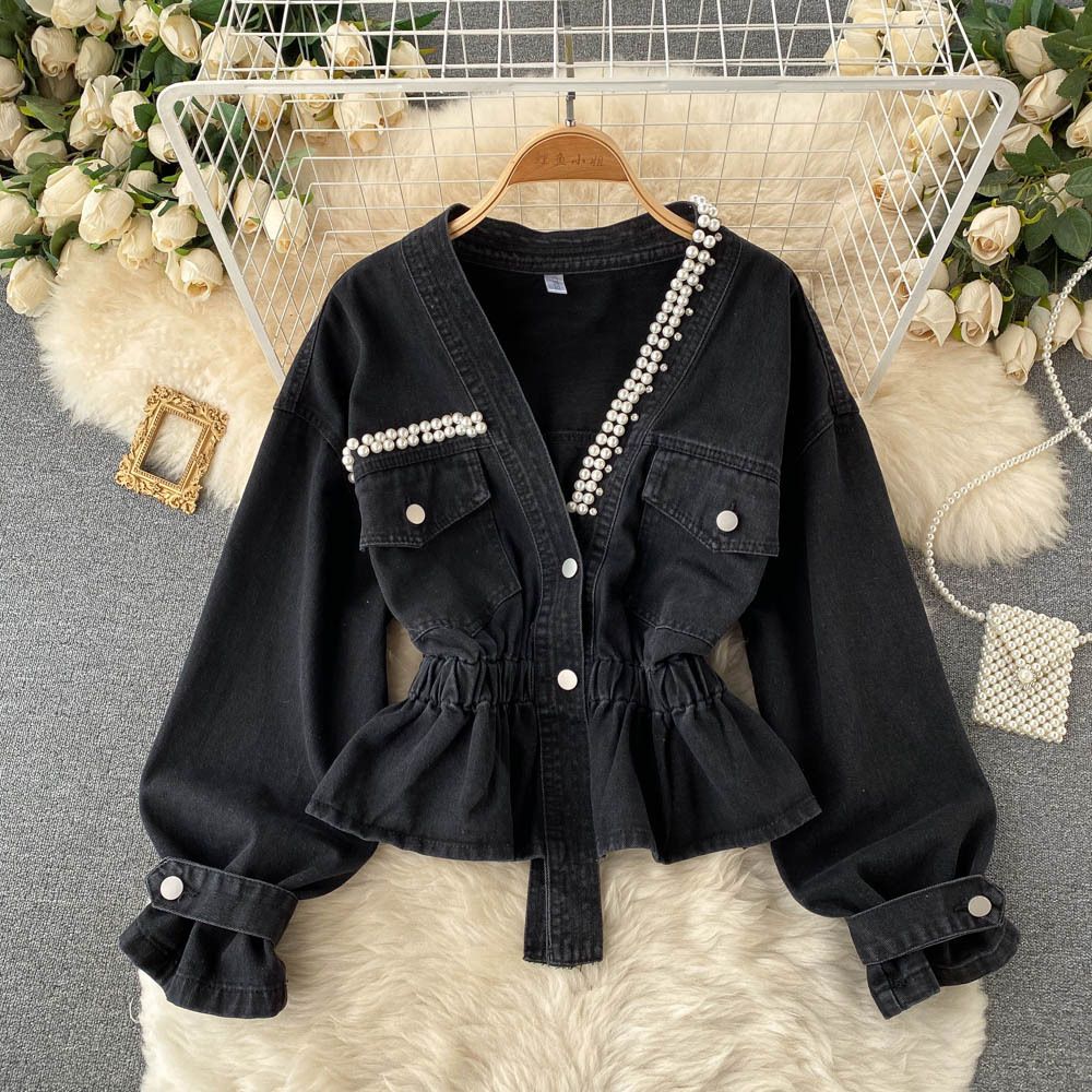 Women's Deep V-Neck Short Heavy Pearl Splicing Ruffle Hem Loose Denim Jacket_voghion.com