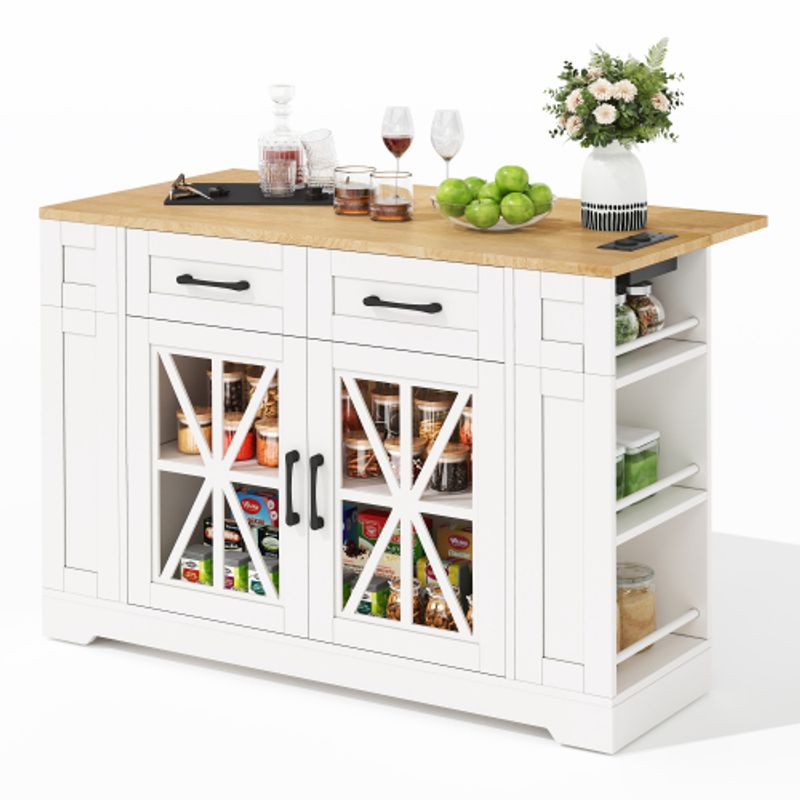 120 cm Tragbare Kücheninsel Mit Klappbarem Esstisch, Offener Ablage, AC-Anschluss, USB-Anschluss, Glastür, Verstellbares Laminat, Rollen Mit Bremsen Für Küche, Esszimmer, Wohnzimmer Und Mehr._voghion.com