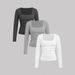 Set da 3 magliette in maglia a maniche lunghe con scollo quadrato da donna - Top casual tinta unita con texture antirughe_voghion.com