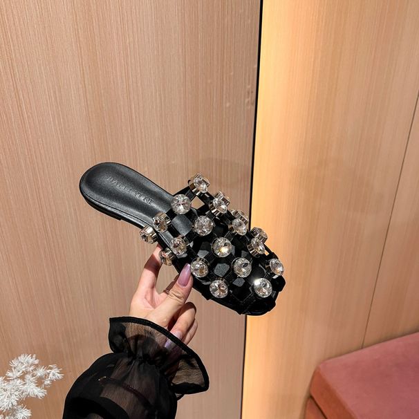 Echte Ledersandalen für Damen im Sommer, Outdoor-Bekleidung, exquisite Strasssteine, französischer Stil, High-End-Pantoletten mit flacher Zehenpartie_voghion.com