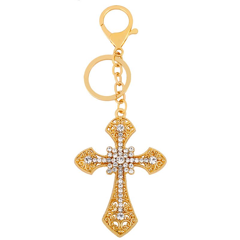 Portachiavi con ciondolo per borsa da auto in metallo con croce intarsiata di strass Kca05_voghion.com