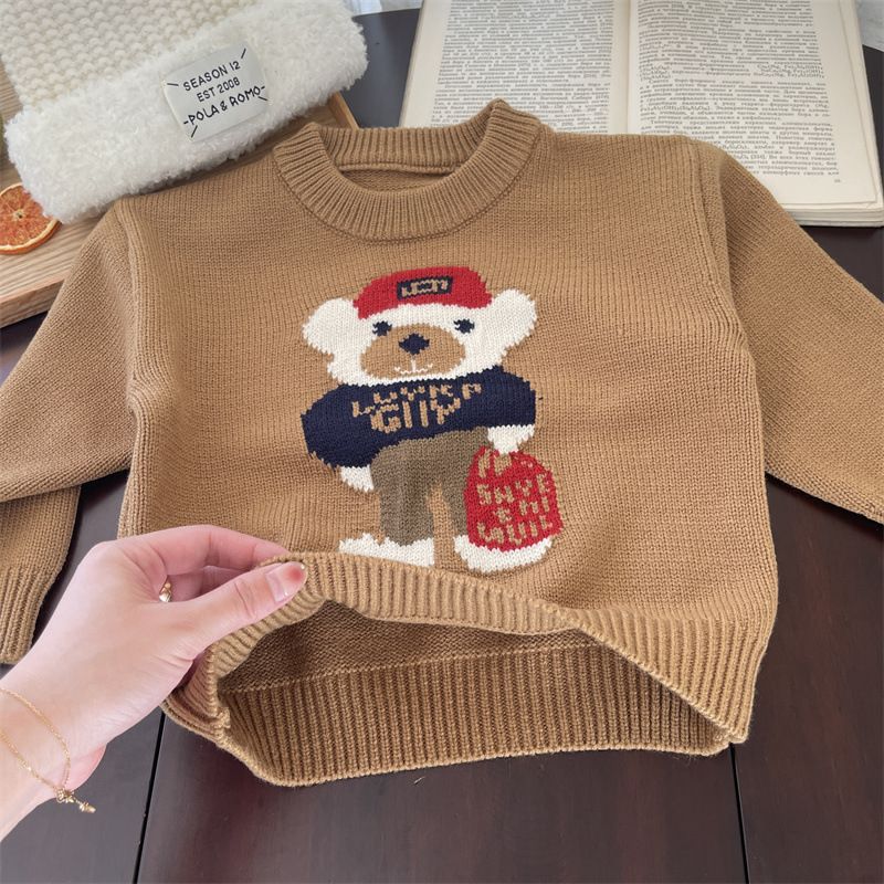 SpringAutumnChildrenBoysRoundCollarSweaterCartoonBearEmbroideryToddlerBabyGirlsPulloverCasualLoose16YBoysTops_voghion.com