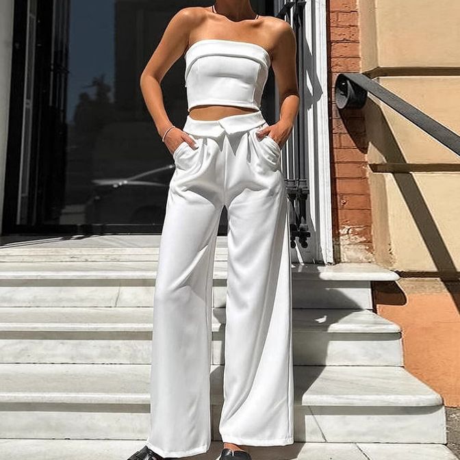 Damenbekleidung Weißes Tube-Top Weste Hohe Taille Lose Schlanke Hose Anzug Mode Neuer Zweiteiler Anzug Für Frauen_voghion.com