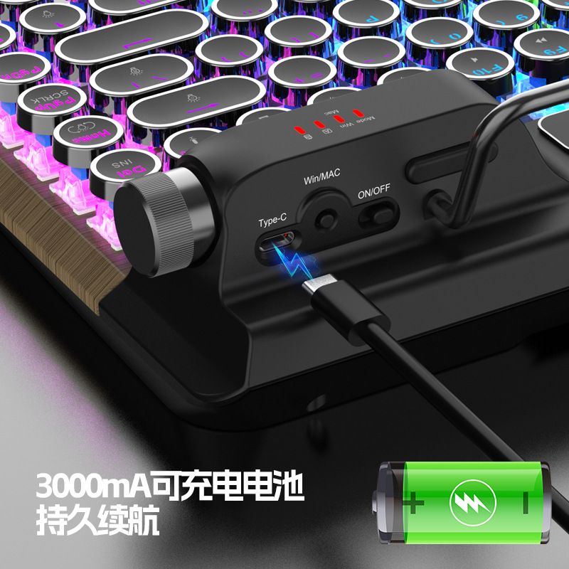 Machine à écrire Bluetooth, connexion à trois modes, interrupteurs Steampunk enfichables, touches rondes rechargeables, clavier mécanique_voghion.com