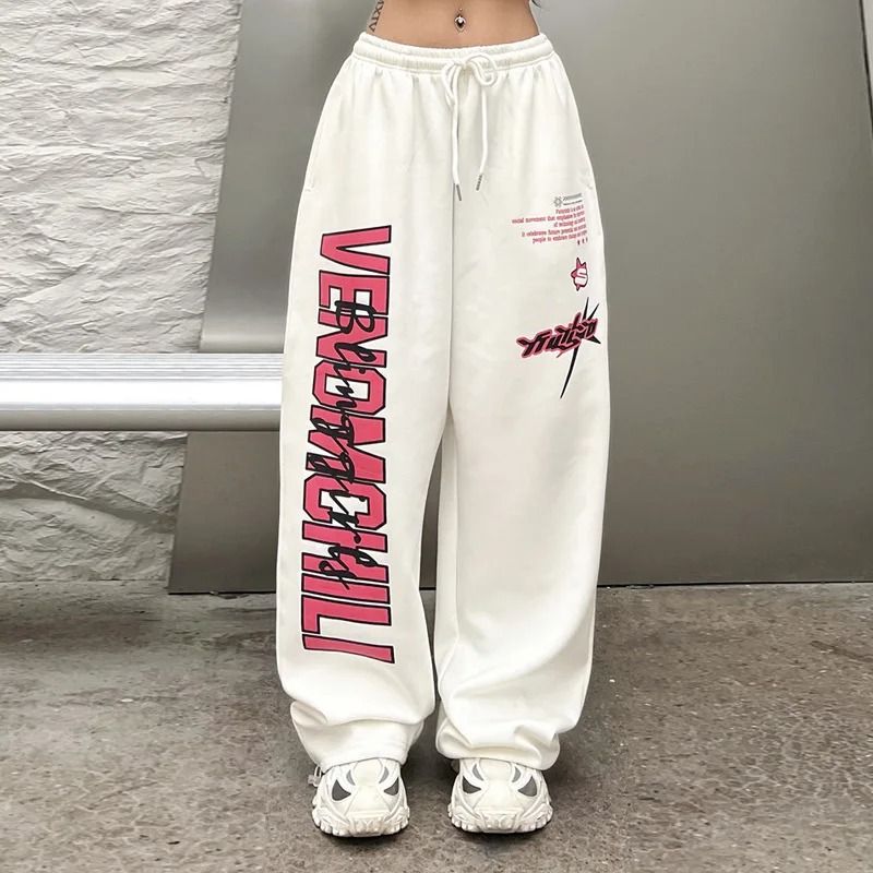 Women's Clothing Spring And Autumn Wide Leg Sweatpants For Women Hip Hop Print White Jazz Dance Sports Drawstring Trousers_voghion.com