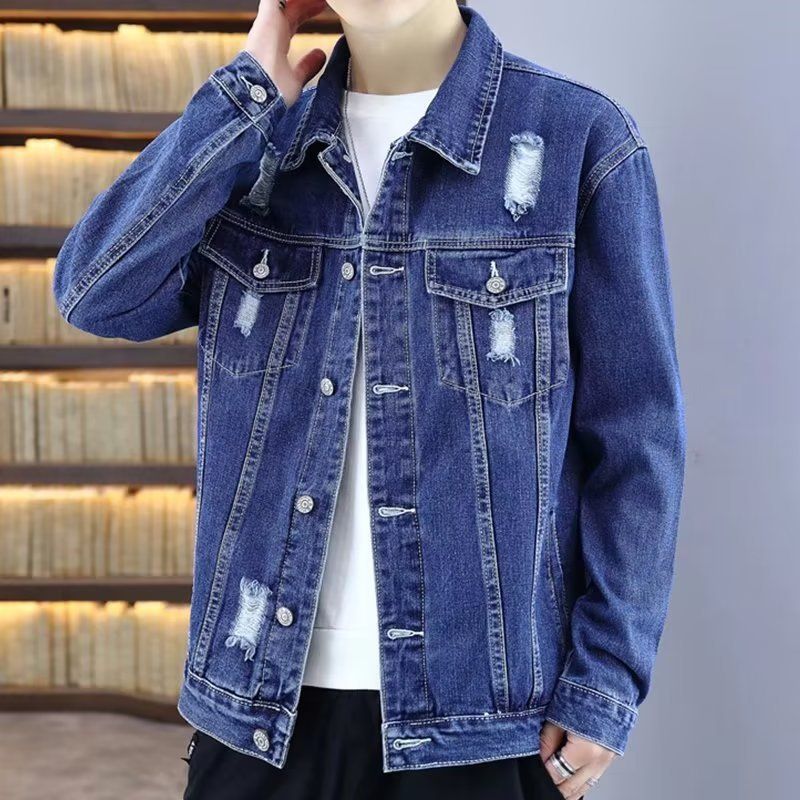​​Men's Distressed Denim Jacket Slim Fit Casual Streetwear Cotton Coat For Spring Autumn​​_voghion.com