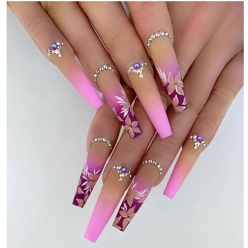 Square Head 24Pcs False Nails Set Press on Nails Long Coffin Ballerina Fake Nails with Smiling Face Design Ful          Lg_voghion.com