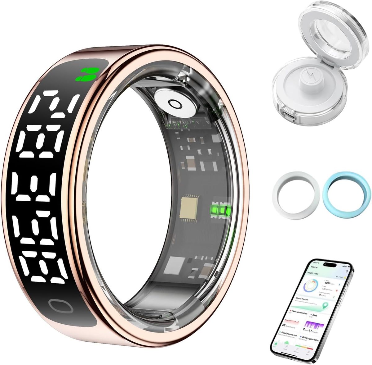 Smart Ring Fitness Tracker per iOS e Android, frequenza cardiaca, ossigeno nel sangue, pressione sanguigna, conteggio dei passi, monitoraggio del sonno, impermeabile 5 ATM_voghion.com