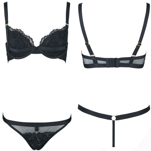 KOOSSOASIS Wimpernspitze, elastischer Memory-Stahlring, doppellagiges, mikrogerafftes BH-Set, Strumpfband, glitzerndes Netz, Schwarz_voghion.com