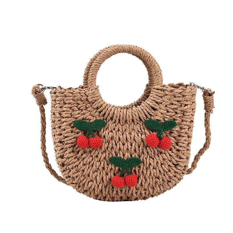 Gewebte Tragetasche aus Stroh mit Kirschen-Print – Süße Umhängetasche für Damen (Sommer, Freizeit & Strand)​_voghion.com