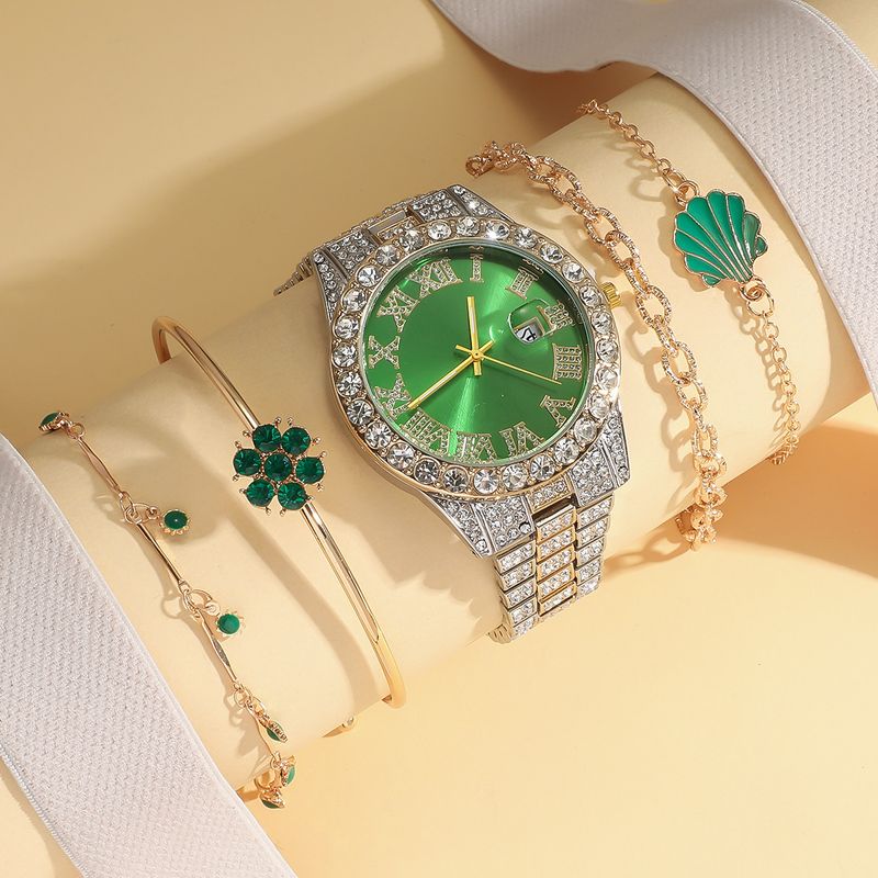 Luxurious Roman Numeral Sparkling Diamond Women's Watch With Exquisite Shell Flower Shape Bracelet Set_voghion.com