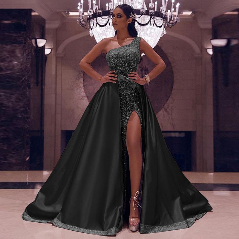 Robe de soirée à paillettes, asymétrique épaule dénudée, longueur au sol, jupe longue, populaire, commerce de vêtements pour femmes_voghion.com