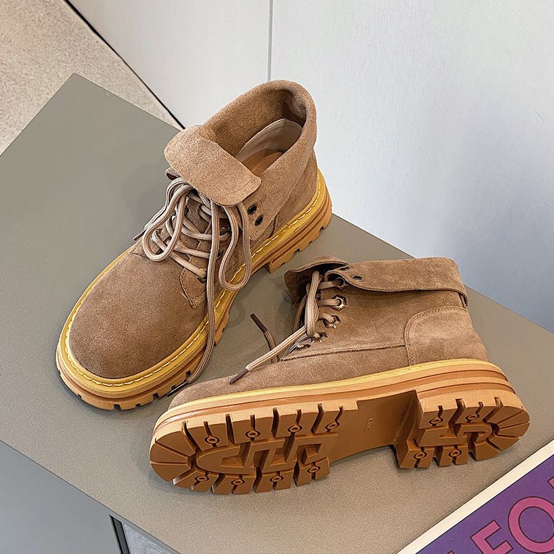 Martin Schuhe Damen Herbst und Winter Neue Leder Dickbesohlte Kurze Stiefel Paar Modelle Britischer Stil Retro Rhabarber Männer_voghion.com