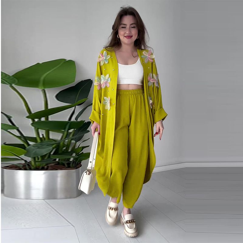 Frauen Kleidung herbst neue feste farbe mode drei dimensionale blume lange mantel casual hosen anzug_voghion.com