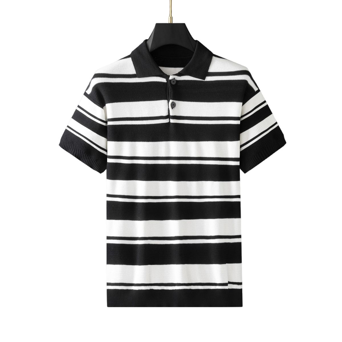 Polo ajustado para hombre, manga corta, poliéster transpirable, tejido a rayas blancas y negras (verano)_voghion.com