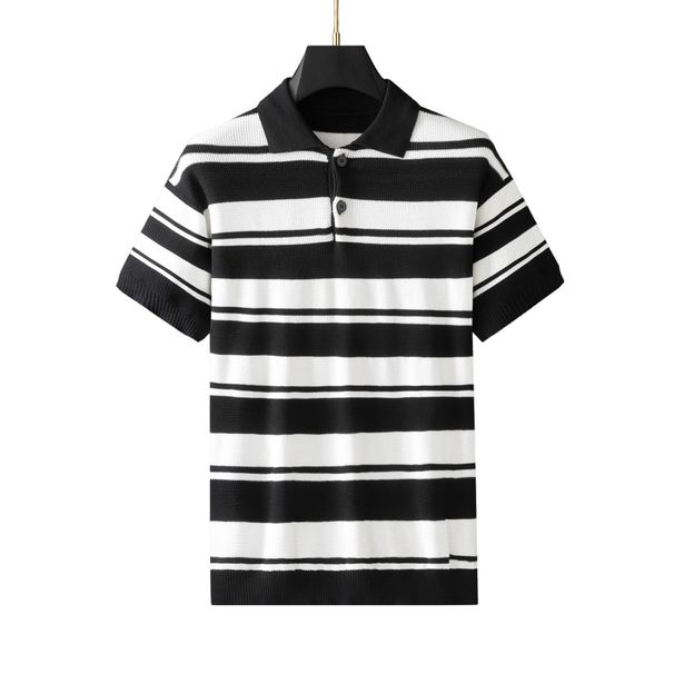 Polo ajustado para hombre, manga corta, poliéster transpirable, tejido a rayas blancas y negras (verano)_voghion.com