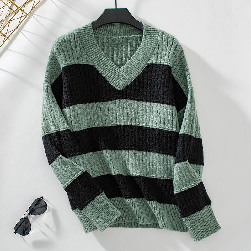 Maglione a righe color block da donna, in maglia, con scollo a V, nuovo autunno e inverno_voghion.com