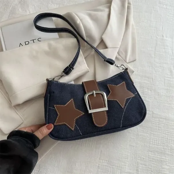 Borsa a tracolla minimalista con cerniera a forma di stella in PU Haruku Y2k, stile coreano, in denim, per ragazze_voghion.com