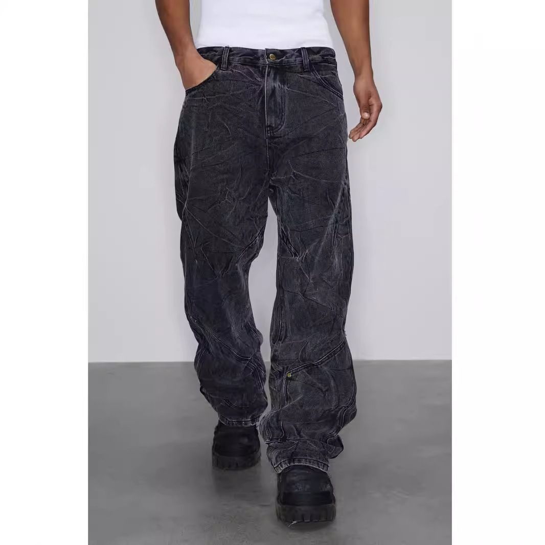 Pánské oblečení Cleanfit Retro Snowflake Washed Jeans pro muže, odolné, zvlněné, skládané, rovné kalhoty_voghion.com