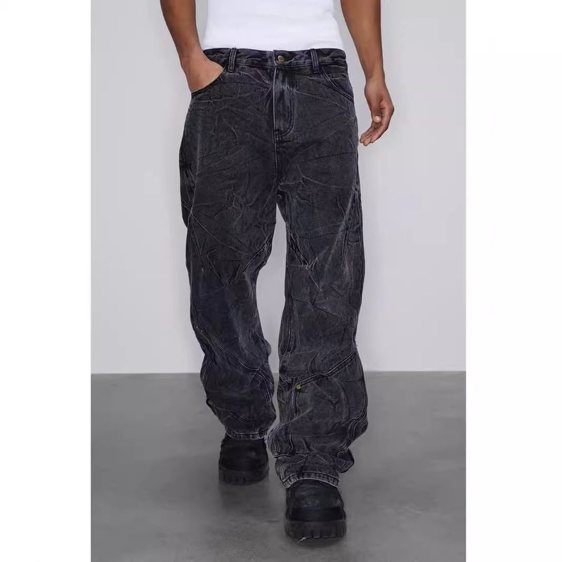 Herrenbekleidung Cleanfit Retro Snowflake Washed Jeans für Männer Robuste Distressed Ripple Pleated Vibe Straight Pants_voghion.com