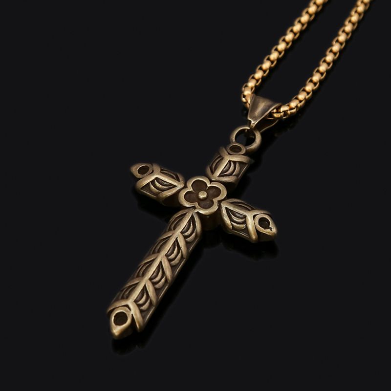 Titanium Colorless Cross Flower Necklace Pendant For Men's Stainless Steel Neckchain Jewelry_voghion.com