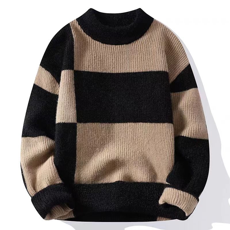 New color blocking sweater for men in autumn and winter, semi high neck knitted base sweater, men's thick warm wool clothes_voghion.com