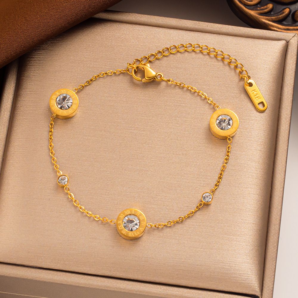 Modische Version, schlichtes, modisches Armband aus Titanstahl, rosévergoldet, personalisiertes, mit römischen Ziffern besetztes, rundes Kuchen-Damenarmband mit Diamanten_voghion.com