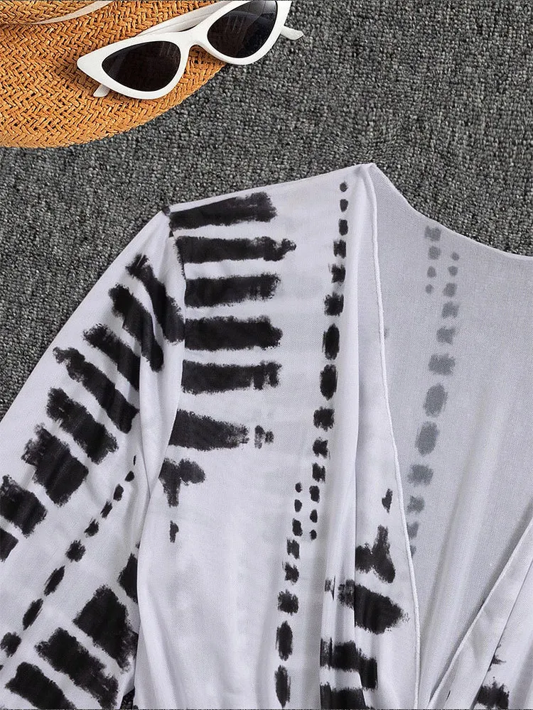 Maillot de bain une pièce à manches longues en maille avec ceinture et imprimé taille haute et cordon de serrage pour femme_voghion.com