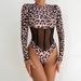 New Women's Wild Leopard Print Sexy Splicing Transparent Mesh Body Shaping Jumpsuit Long Sleeved Leopard Print Dress_voghion.com