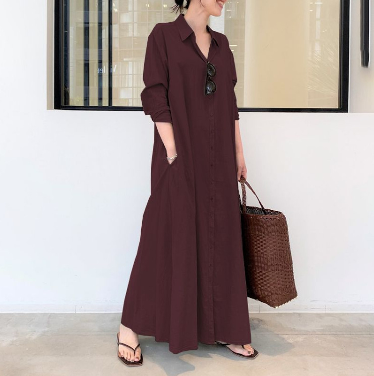 Women's Plus size Muslim spring and autumn long-sleeved simple loose casual long shirt dress_voghion.com