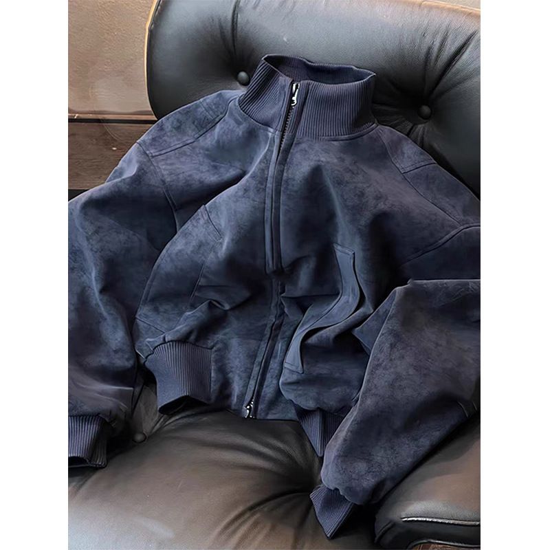 Marineblaue PU-Lederjacke für Herren – Slim Fit Baseball-Bomberjacke mit Stehkragen für Frühling und Herbst_voghion.com