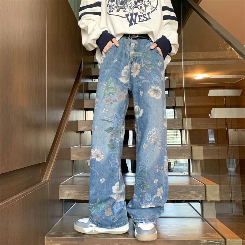 Men's Clothing Street Print Jeans For Men Autumn Trend Vibe Style Loose Versatile Design Mopping Wide Leg Pants_voghion.com
