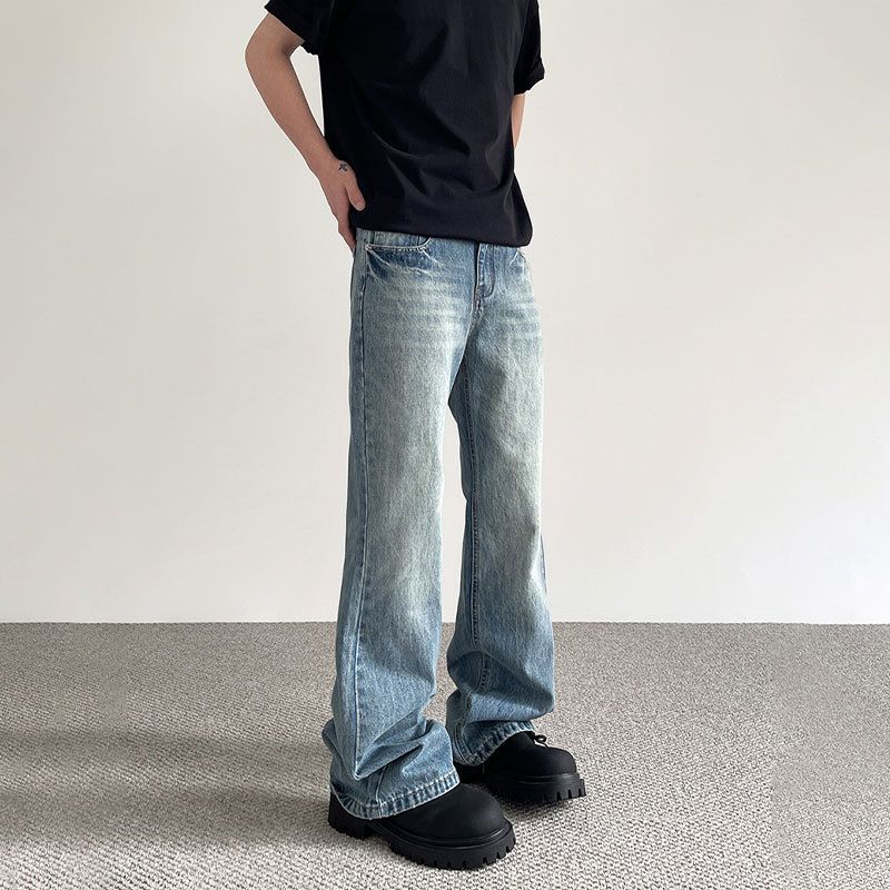 Vêtements pour hommes High Street Cleanfit Jeans Jeans Cleanfit délavés vieillis pour hommes - Pantalon en denim bootcut coupe droite vintage avec design multi-poches_voghion.com